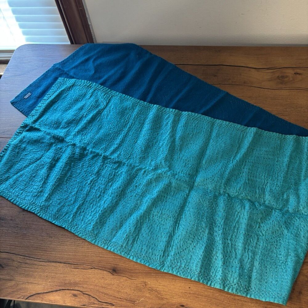 Dosa Hand-Stitched Kantha Silk Scarf Teal and Cerulean Reversible Christina Kim - Picture 7 of 11